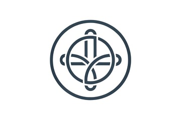 A modern, minimalist emblem features interlocking crosses with gentle curves, surrounded by a circle, conveying unity, faith, and community in a clean, simple design.