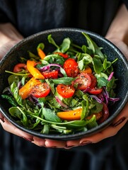 Close up photo of a salad in a bowl on a table held by a woman's hands