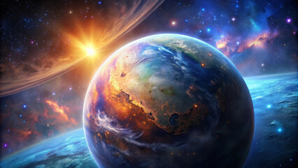 Obraz premium A stunning view of vibrant planet in deep space, showcasing swirling clouds and colorful terrain, illuminated by distant sun. cosmic beauty captivates imagination