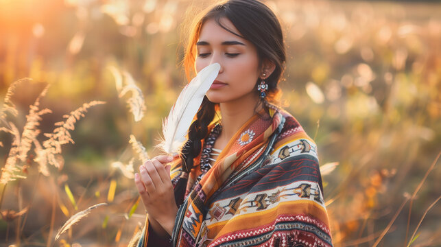 Young woman wearing colorful poncho holding white feather against the background of an autumn field sunset