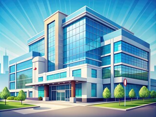 Fototapeta premium A modern, stylized illustration of a large hospital building with prominent signage, entrances, and windows, set against a soft blue background with subtle gradient effect.