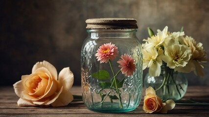 Glass jar with flowers on vintage table background