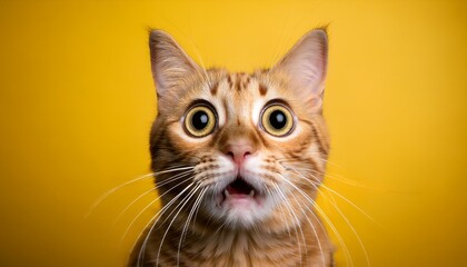 Eine süße, überraschte Katze vor gelbem Hintergrund, die vor Schreck verblüfft schaut.