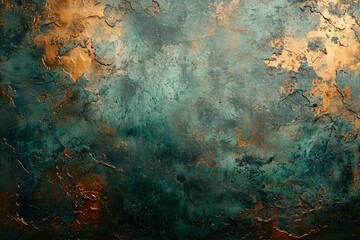Obraz premium Abstract Texture of Cracked and Chipped Metallic Surface with Green and Gold Hues
