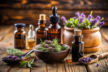 Various amber glass bottles and wooden containers with essential oils and fresh lavender flowers on...