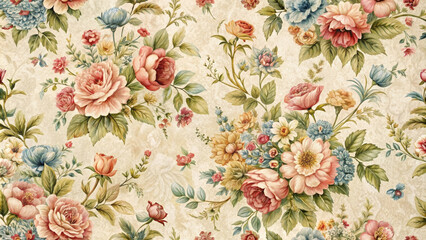 Vintage wallpaper with flowers features beautiful arrangement of roses and other blossoms in soft pastel colors. This design evokes sense of nostalgia and charm, perfect for adding touch of elegance t