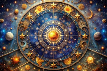 Fototapeta premium A mystical, dreamy illustration of the zodiac wheel surrounded by stars, planets, and subtle celestial patterns, evoking a sense of ancient mysticism and cosmic wonder.