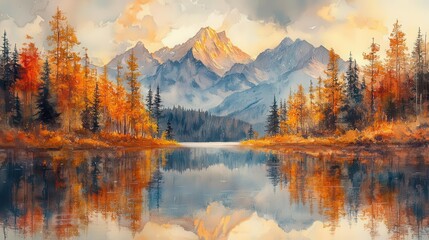 impressionistic autumn landscape in rich watercolor hues majestic mountains reflected in serene lake forests ablaze with fall colors loose expressive brushstrokes creating dreamy atmosphere