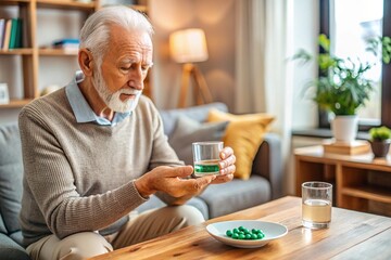 elderly man enjoying a morning routine where he's taking his medication in a cozy living room setting promotes daily self care and health awareness image captures moment