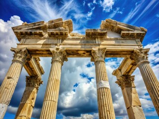 Ancient stone Greek arch with ornate carved Corinthian columns and capitals, set against a clear blue sky with a few wispy white clouds.