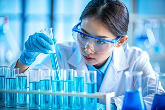 Asian scientist in laboratory carefully conducting an experiment with test tubes wearing protective gear and concentrated on the procedure involving blue liquid chemicals