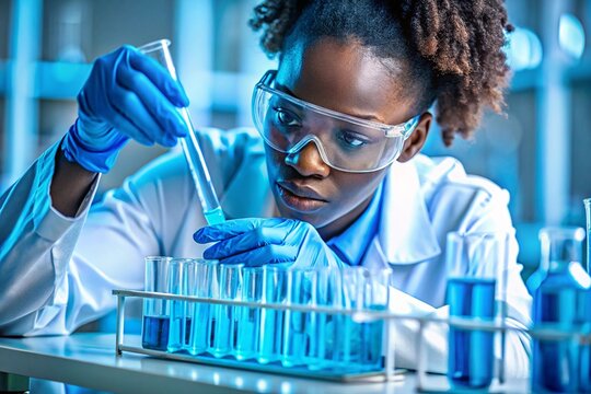 african scientist wearing lab coat and goggles concentrating while conducting experiment with test tubes in a laboratory setting