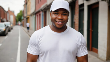 Plus size young black man wearing white t-shirt and white baseball cap standing in a city alley