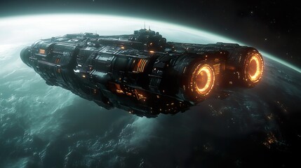 Dark futuristic spacecraft with neon thrusters hovering above cityscape picture