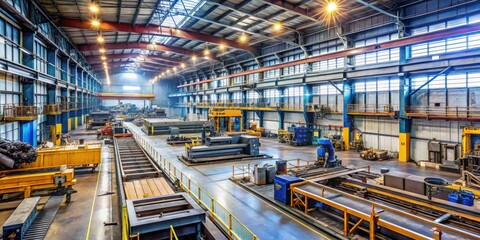 Fototapeta premium Large metal fabrication plant with cutting, welding, and shaping machinery in operation