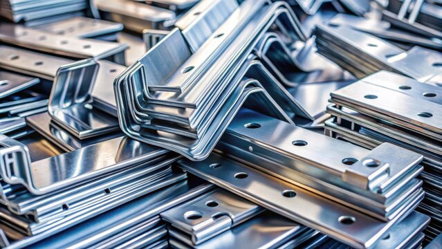 Close up of full frame stack of bended zinc plated sheet metal parts with selective focus, blurred sheet bending parts in background