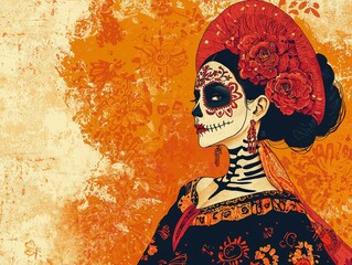 A colorful illustration of a skull-themed female figure adorned with flowers, reflecting the vibrant Day of the Dead celebration.