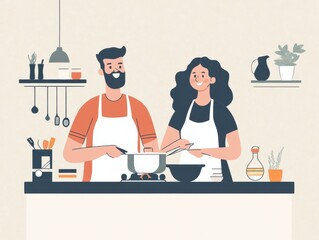 A couple joyfully cooking together in a modern kitchen, showcasing their culinary skills and love for food.