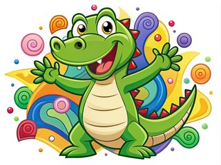 Fototapeta premium A playful, cartoon alligator smiles and waves, surrounded by colorful, curved lines and shapes, forming a friendly, approachable logo perfect for kid-friendly or outdoorsy brands.