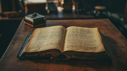Obraz premium An open vintage book rests on a wooden table, showcasing handwritten pages and a warm atmosphere.