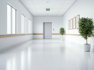 Clean and sterile hospital corridor, minimalist design, neutral colors, hospital interior, healthcare environment
