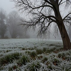 A foggy winter morning with a light drizzle, frost clinging to the grass, and rain dripping slowly from snow-covered branches, creating a serene, cold atmosphere
