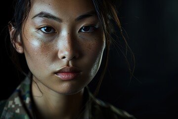 Portrait of a distressed woman and a crying soldier reflecting on mental health struggles, depression, and trauma against a dark background