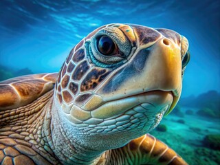 Fototapeta premium A serene, close-up portrait of a gentle sea turtle's wrinkled face, with wise, ancient eyes and a weathered shell, set against a soft, blue background.
