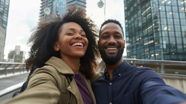 Joyful couple capturing selfies with a smartphone during their romantic outing together