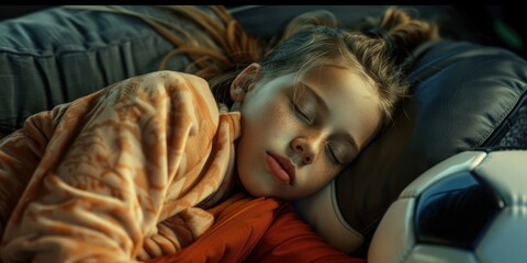 Girl resting in a car after a long day of sports practice and training, enjoying a peaceful nap while traveling