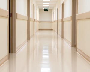 Fototapeta premium Hospital corridor with hand sanitizer stations and social distancing markers, hospital safety, pandemic precautions