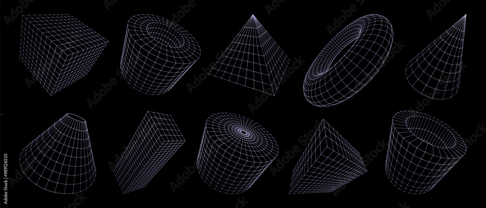 Aufkleber 3d grid shapes, wireframe geometric figures. Vector line mesh perspective brutal cube, cone and torus, pyramid, cylinder, cuboid and tunnel. Abstract 3d grid shapes with monochrome mesh pattern
