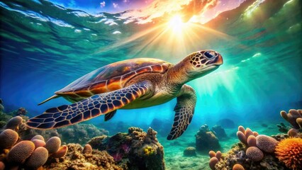 Obraz premium A serene green sea turtle swims alongside a vibrant coral reef, its shell glistening in the sunlight filtering down through the calm turquoise ocean water.