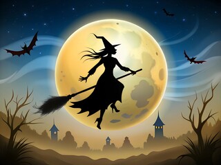 Black silhouette of a witch flying on a broomstick with a full moon in the background | Halloween concept, banner, poster | Halloween night moon witch silhouette decoration