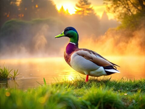 A serene illustration of a majestic duck, feathers glistening with dew, waddling peacefully along a misty lake's grassy shoreline at dawn's breaking light.