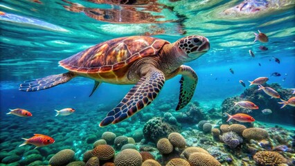Obraz premium A serene sea turtle swims in crystal-clear turquoise waters, surrounded by vibrant coral and schools of small fish, in a tranquil oceanic scene.