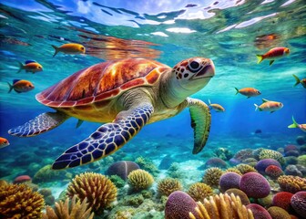 Obraz premium A serene sea turtle swims peacefully in the crystal-clear turquoise waters of a tropical ocean, surrounded by vibrant coral and schools of small fish.
