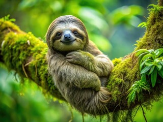 Fototapeta premium A serene sloth clings to a moss-covered tree branch, its soft fur blending with the emerald green foliage of the lush rainforest canopy above.