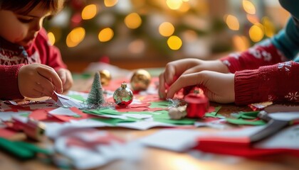 Dos ni&ntilde;os peque&ntilde;os realizan manualidades navide&ntilde;as con papeles de colores y adornos, ambientados en una casa decorada para las fiestas.