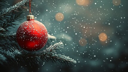 Minimal christmas card featuring vibrant red ornament on a green tree branch snowflakes in the background festive winter holiday design traditional celebration theme