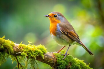 A serene solo bird perches on a delicate, moss-covered branch amidst lush green foliage, its plumage a warm blend of earthy tones and subtle hues.