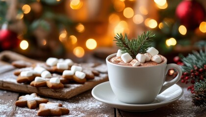 Fototapeta premium Una taza de chocolate caliente con malvaviscos y ramas de pino en la parte superior, acompañada de galletas de estrellas, ambientada en un entorno navideño.