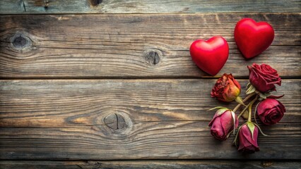 Fototapeta premium Romantic memories captured with two red hearts and a dried bouquet of roses on gray wood