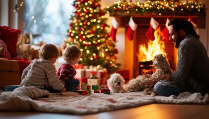  Una familia con dos niños pequeños y un perro disfruta del ambiente festivo junto a un árbol de Navidad decorado y una chimenea encendida.