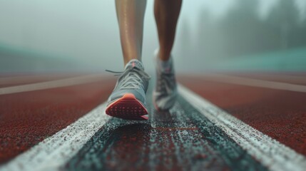 A runner in starting blocks on a track, preparing for a morning challenge or marathon practice. Focusing on leg position and readiness for the race, viewed from behind