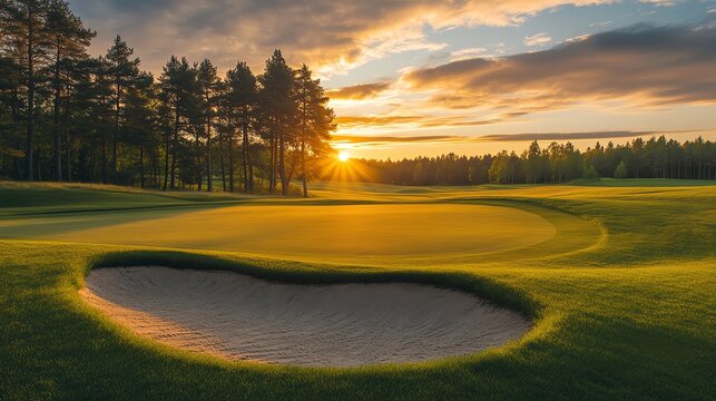 A serene golf course at sunset, showcasing a sand bunker and lush greens under a beautiful sky.
