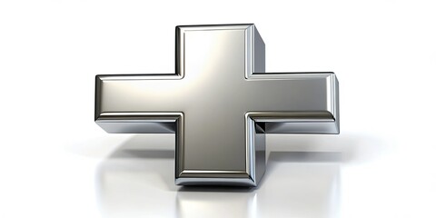 Obraz premium A shiny silver medical cross symbol on a white background, representing healthcare, medicine, and emergencies, with clean lines and a modern minimalist aesthetic.