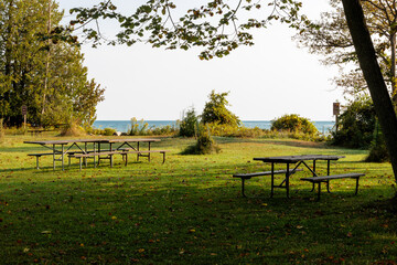 The quiet picnic area at Harrington Beach State Park, Belgium, Wisconsin in the early morning of a mid-September weekday, overlooking Lake Michigan