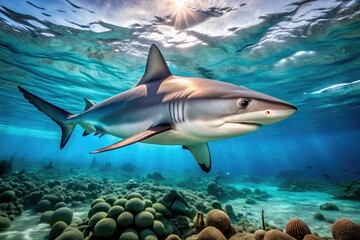 Fototapeta premium A sleek grey reef shark swims horizontally through crystal-clear tropical waters, its sharp teeth and piercing gaze capturing the viewer's attention.