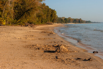 The beach along Lake Michigan at Harrington Beach State Park, Belgium, Wisconsin on a mid-September Monday morning, after a warm weekend.  Sand castles abound